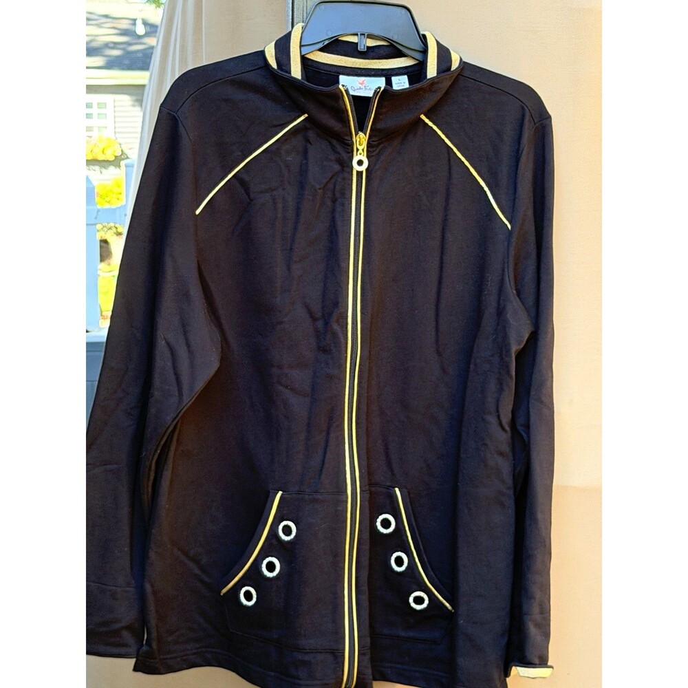Quacker Factory Women's Black/Gold Knit Full Zip Jacket Rhinestones Pockets L